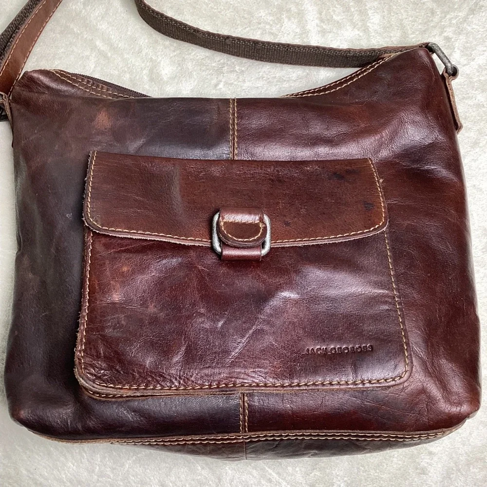 Jack Georges Dark Brown Leather Crossbody Bag Voyager Messenger Striped Lining